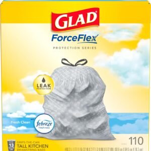 Glad ForceFlex Tall Kitchen Drawstring Trash Bags, 13 Gal, Fresh Clean, 110 Ct, Pack May Vary